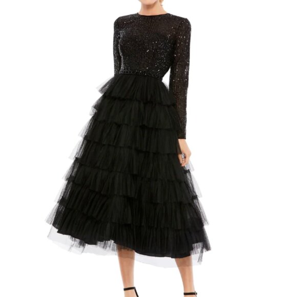 MAC DUGGAL 26299 SEQUIN BODICE LONG SLEEVE RUFFLE TIERED BLACK MIDI DRESS sz 14 - Picture 6 of 6